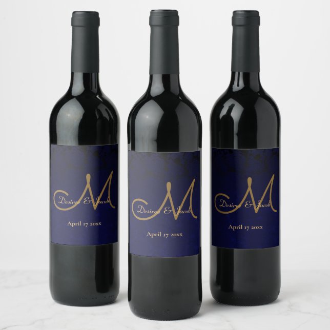 Elegant Dark Navy Blue Gold Wedding Monogram Wine Label (Bottles)