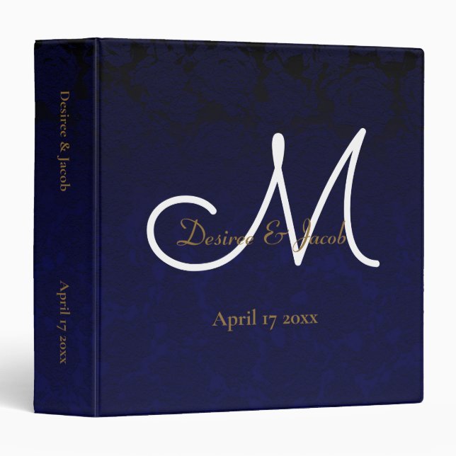 Elegant Dark Navy Blue Gold White Monogram Floral 3 Ring Binder (Front/Spine)