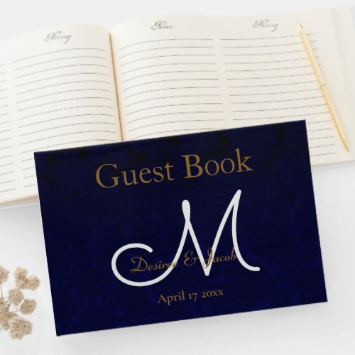 Elegant Dark Navy Blue Gold White Monogram Floral Guest Book