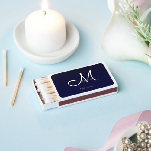 Elegant Dark Navy Blue Gold White Monogram Floral Matchboxes