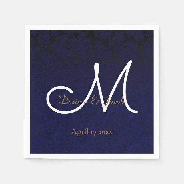 Elegant Dark Navy Blue Gold White Monogram Floral Napkins (Front)