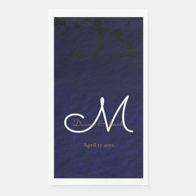 Elegant Dark Navy Blue Gold White Monogram Floral Paper Guest Towels (Front)
