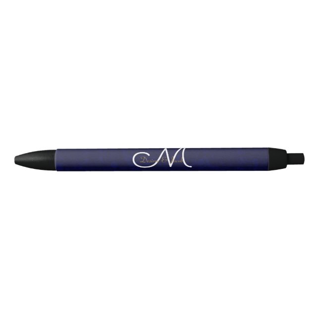 Elegant Dark Navy Blue Gold White Monogram Floral Pen (Front)