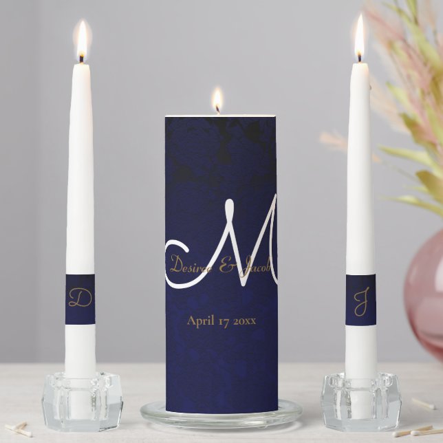 Elegant Dark Navy Blue Gold White Monogram Floral Unity Candle Set (In Situ)