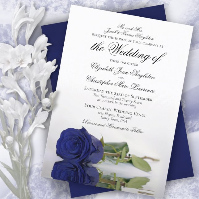 Elegant Dark Navy Blue Rose Formal Wedding Invitation