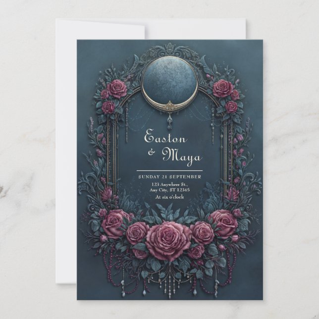 Elegant Dark Navy Burgundy Floral Evening Wedding Invitation (Front)