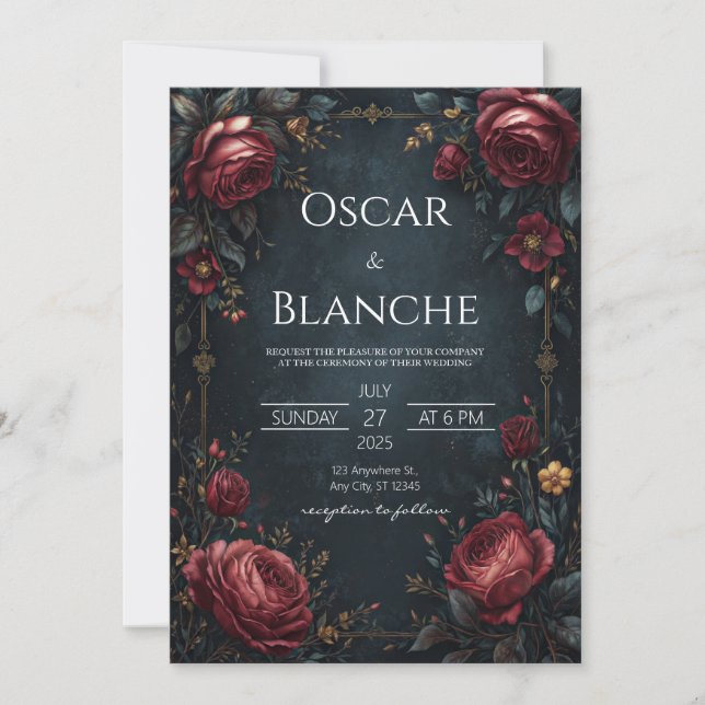Elegant Dark Navy Burgundy Floral Golden Wedding Invitation (Front)
