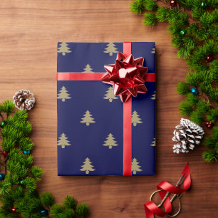 Elegant dark navy gold cute Christmas trees  Wrapping Paper