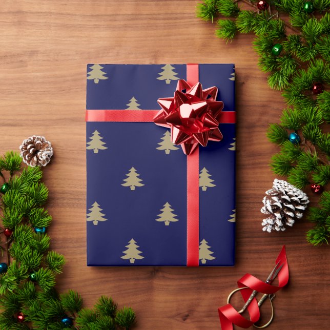 Elegant dark navy gold cute Christmas trees  Wrapping Paper (Holiday Gift)