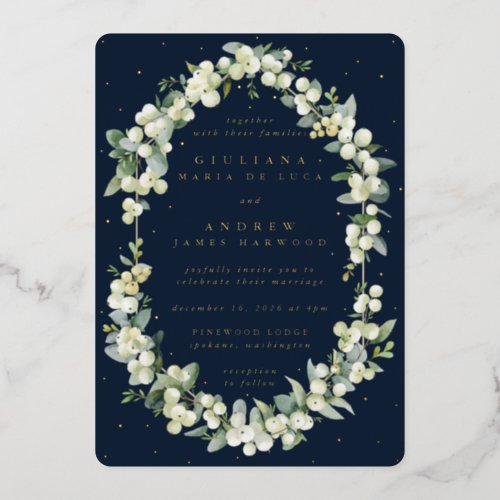 Elegant Dark Navy SnowberryEucalyptus Wedding Foil Invitation