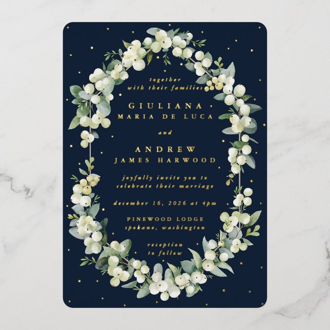 Elegant Dark Navy Snowberry+Eucalyptus Wedding Foil Invitation (Front)