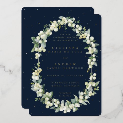 Elegant Dark Navy SnowberryEucalyptus Wedding Foil Invitation