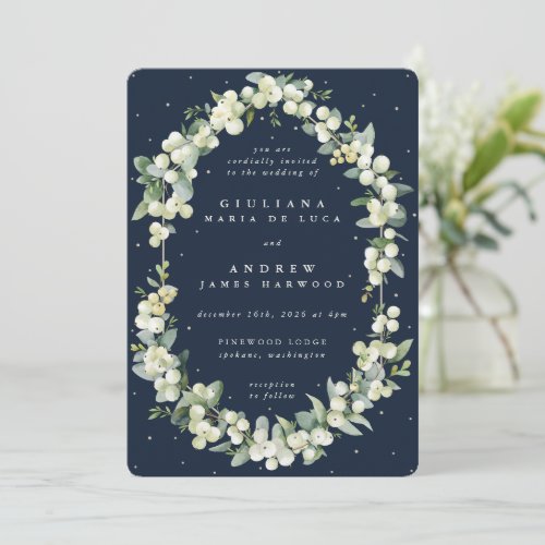 Elegant Dark Navy SnowberryEucalyptus Wedding Invitation