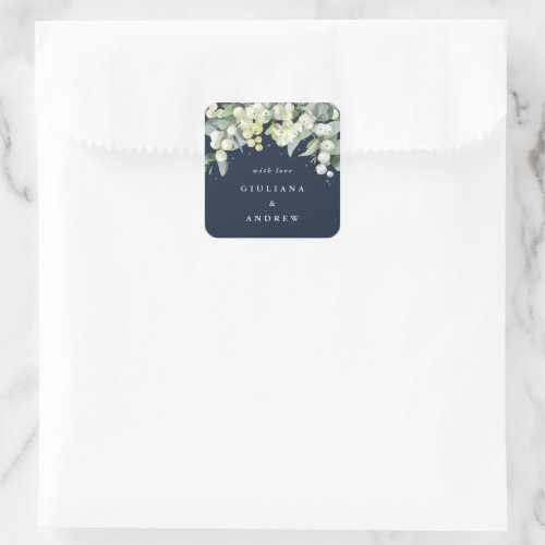 Elegant Dark Navy SnowberryEucalyptus Wedding Square Sticker