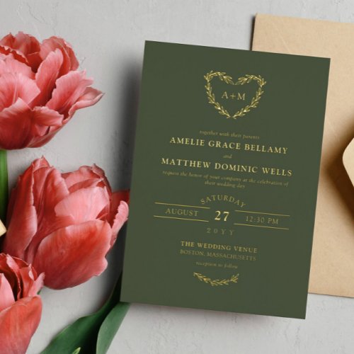 Elegant Dark Olive  Gold Heart Wreath Wedding Foil Invitation