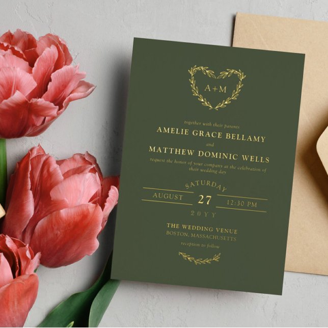 Elegant Dark Olive & Gold Heart Wreath Wedding Foil Invitation (Creator Uploaded)