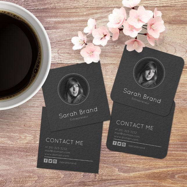 Elegant Dark Personal Photo Square Business Card (Creator Uploaded)