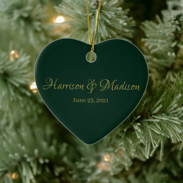 Elegant dark pine green custom couple name date ceramic ornament (Tree)