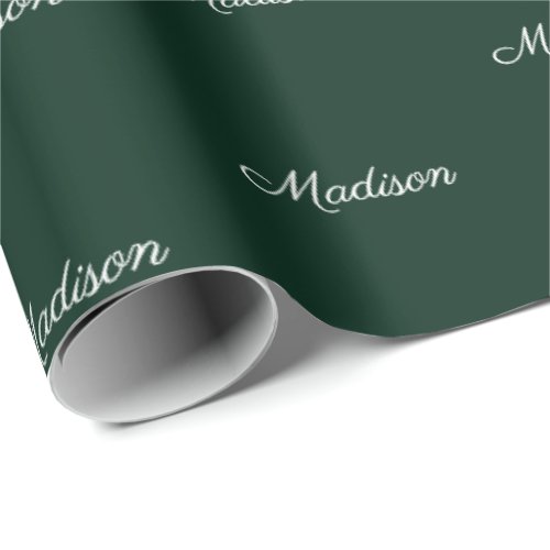 Elegant dark pine green custom script name text wrapping paper