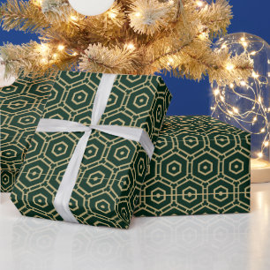 Elegant dark pine green gold geometric pattern wrapping paper