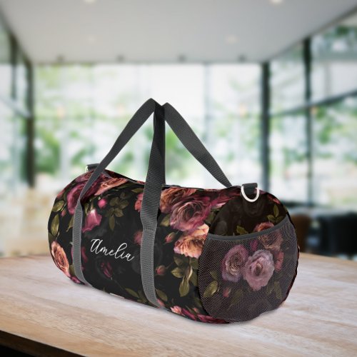 Elegant Dark Pink Burgundy Botanical Floral Duffle Bag