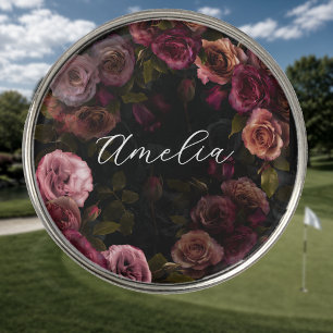 Elegant Dark Pink Burgundy Floral Monogram Golf Ball Marker