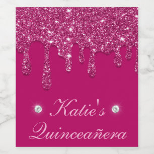 Elegant Dark Pink Dripping Glitter Quinceanera Wine Label