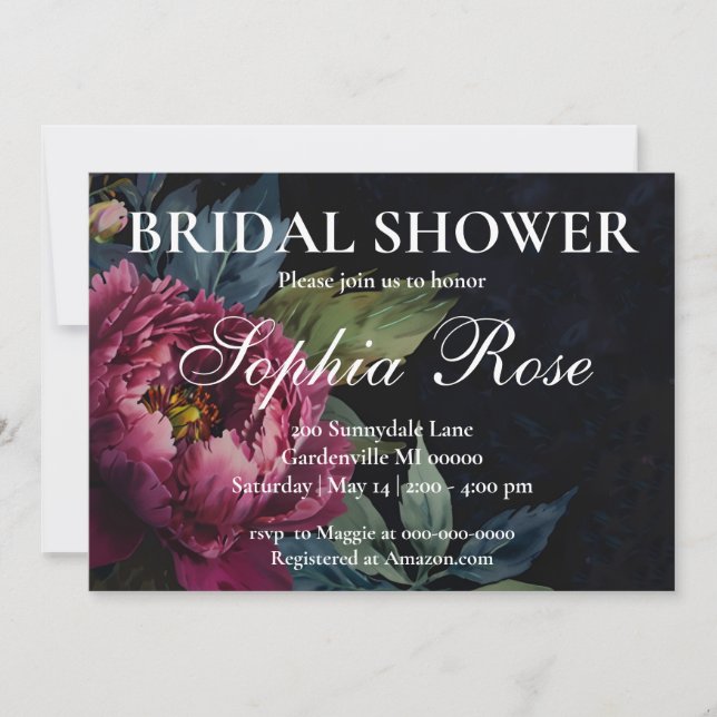 Elegant dark pink floral watercolor Bridal shower Invitation (Front)