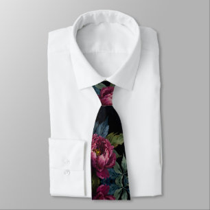 Elegant dark pink floral watercolor neck tie