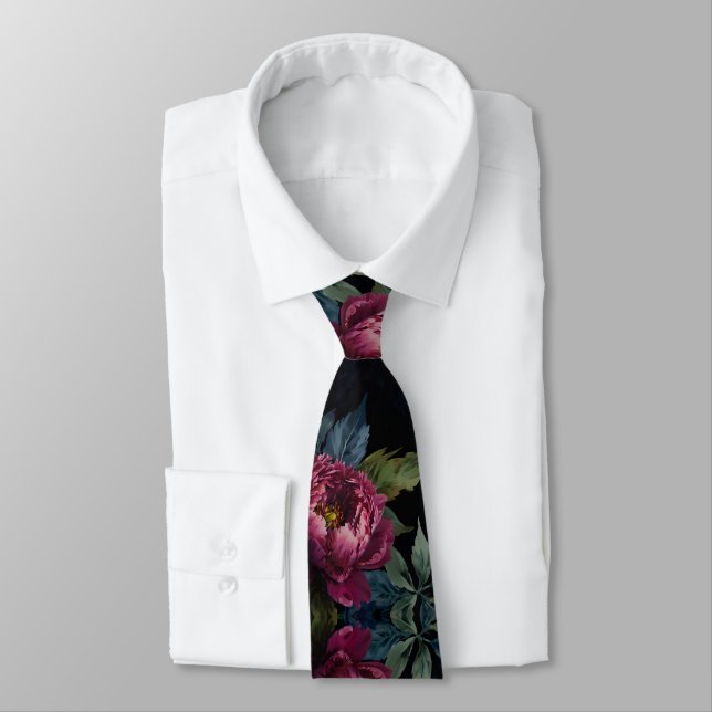 Elegant dark pink floral watercolor  neck tie (Tied)