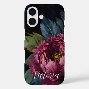 Elegant dark pink floral watercolor personalize iPhone 16 case