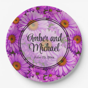 Elegant dark pink magenta floral daisies paper plates