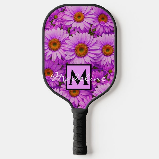 Elegant dark pink magenta floral daisies pickleball paddle (Front)