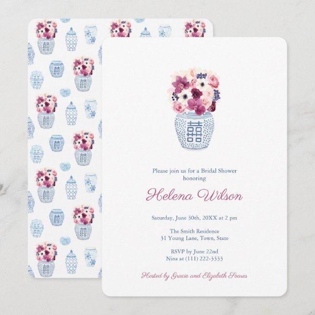 Elegant Dark Pink Roses and Orchids Bridal Shower Invitation (Front/Back)