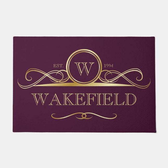 Elegant Dark Plum & Faux Gold Ornate Monogram Doormat (Front)
