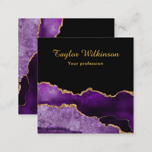 Elegant Dark Purple and Gold Agate Square Business Card