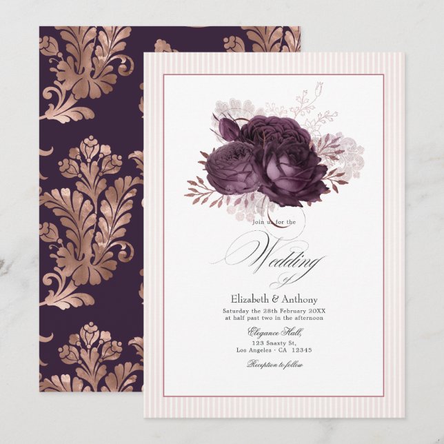 Elegant Dark Purple and Rose Gold Floral Wedding Invitation (Front/Back)
