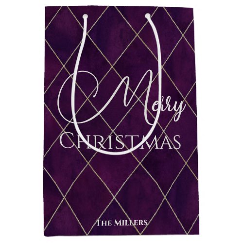 Elegant Dark Purple Argyle Pattern Merry Christmas Medium Gift Bag