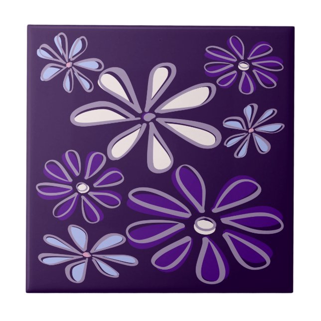Elegant Dark Purple Blue Flower Doodle Ceramic Tile (Front)