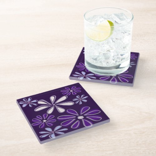 Elegant Dark Purple Blue Flower Doodle Glass Coaster