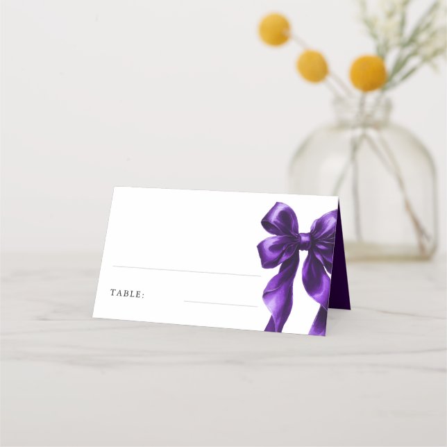 Elegant Dark Purple Bow Bridal Shower Table Place Card (Front)