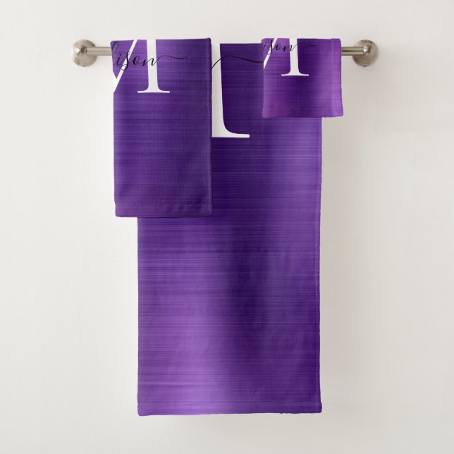 Elegant Dark Purple Brushed Metal Monogram Script Bath Towel Set (Insitu)