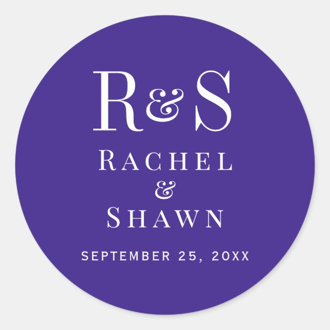 Elegant Dark Purple Chic Modern Monogram Wedding Classic Round Sticker (Front)