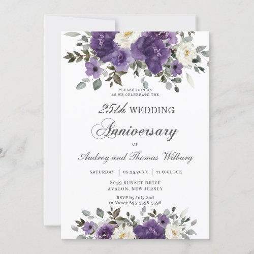 Elegant Dark Purple Floral Wedding Anniversary Invitation