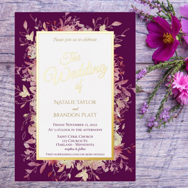 Elegant Dark Purple Floral Wedding Gold Foil Invitation (Creator Uploaded)
