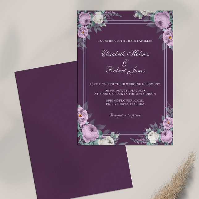 Elegant Dark Purple Floral Wedding Invitation (Dark Purple Floral Wedding Invitation on white table.)