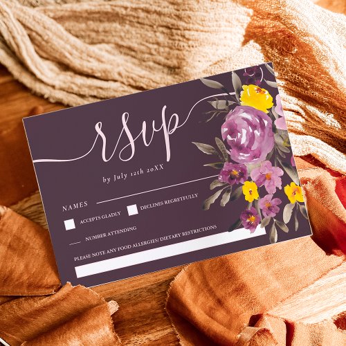 Elegant dark Purple floral wedding rsvp monogram