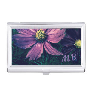 Elegant Dark Purple Flowers Photo Art Monogram Business Card Case
