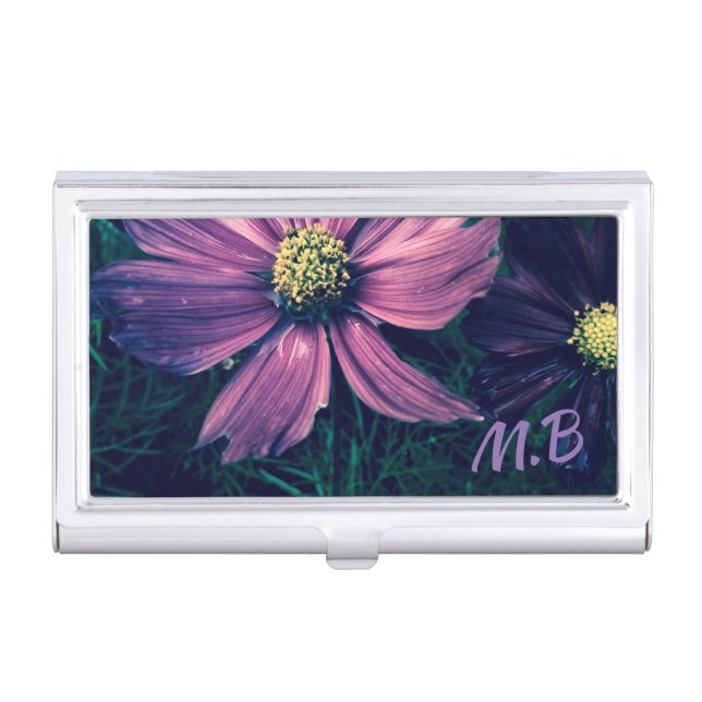 Elegant Dark Purple Flowers Photo Art Monogram Business Card Case (Front)