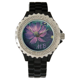 Elegant Dark Purple Flowers Photo Art Monogram Watch